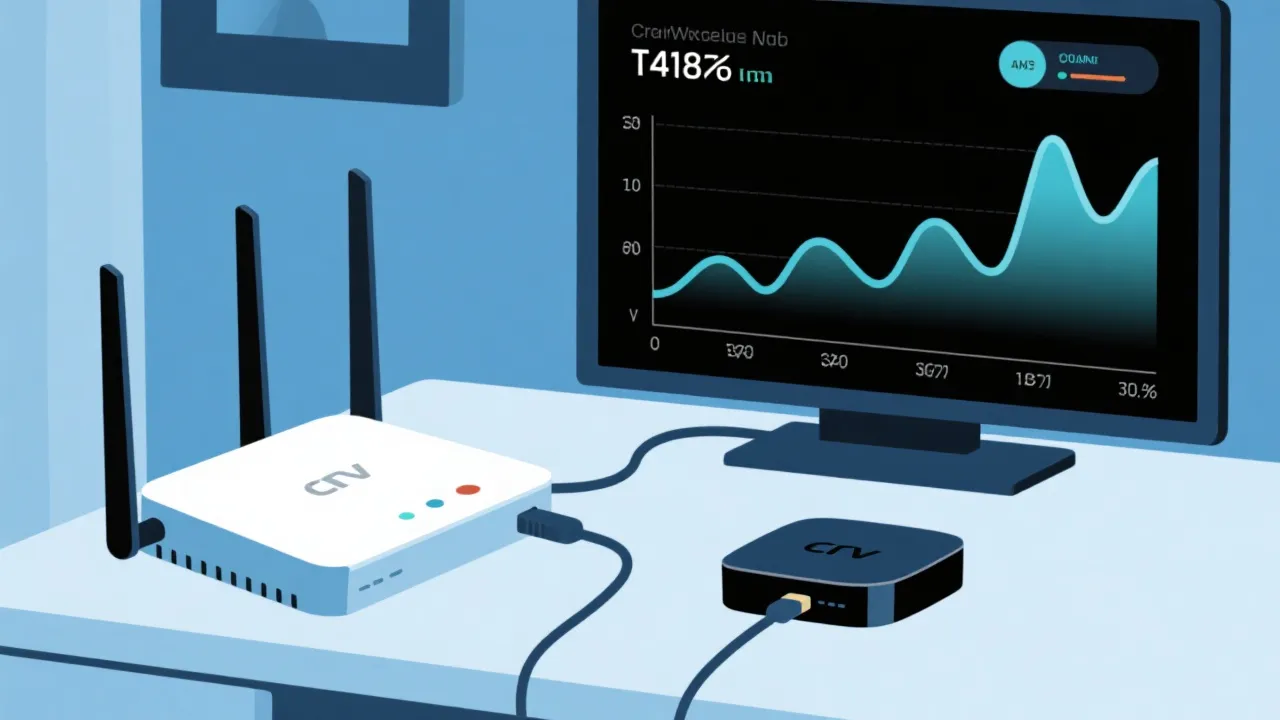 现代家庭路由器与网线连接电视盒子，网络测速界面显示稳定带宽，技术感插画风
